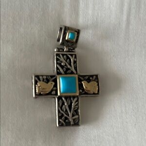 Silver and Gold Cross Pendant with Turquoise Accent